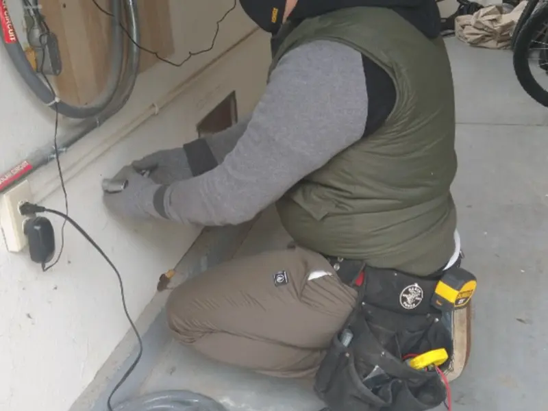 Electrician performing outlet wiring in a Palm Harbor garage